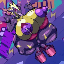 1girls 2022 2d 5_fingers areola areolae big_thighs breasts cleavage collar female female_focus female_only hi_res high_heels highres hyper hyper_breasts jiqqy lactating lactation large_thighs milk nintendo nipple_cutout nipples pink_eyes pink_eyeshadow platform_heels pokemon pokemon_(species) pokémon_(species) saliva saliva_drip sling_bikini solo spiked_collar squatting thigh_thighs thighs tongue tongue_out toxtricity