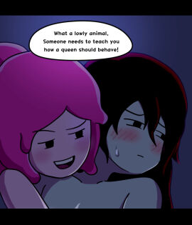 2girls adventure_time black_hair embarrassed_female female fizzyspidercider marceline marceline_abadeer pale_skin pink-haired_female pink_skin princess_bubblegum shiny_skin smile text yuri