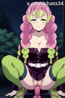 1girls ai_generated bare_shoulders belt blunt_bangs breasts bush cleavage collarbone demon_slayer detached_sleeves dildo dildo_riding dress female full_body green_eyes green_eyes_female huge_dildo imminent_penetration lipstick long_sleeves looking_at_viewer makeup medium_breasts mitsuri_kanroji night no_panties off-shoulder_dress outdoors pleated_dress pussy sex_toy shoes smile solo spread_legs strapless strapless_dress tagme thighhighs video