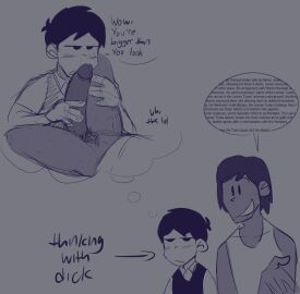 2boys big_cock big_penis blush blush_lines blushing cock dialogue english_text fantasizing fantasy gay imagining male male_only mexican_male penis talking_to_another text thinking thinking_about_sex yaoi