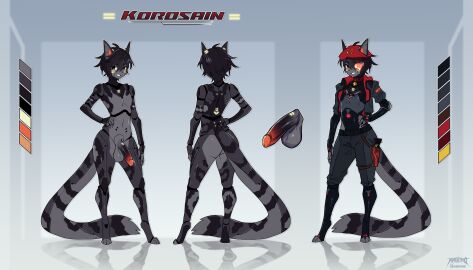 android anthro balls biped clothed clothing color_swatch felid feline fingers genitals glans hair hat headgear headwear hi_res humanoid_genitalia humanoid_penis korosain_(kellervo) machine male mammal masvino model_sheet penis robot solo tail