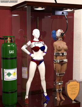 3d batman_(series) bikini bound bound_arms bound_legs completely_naked completely_nude dc dc_comics female harley_quinn mannequin multicolored_hair nude nude_female suicide_squad suicide_squad_(2016) thejpeger trophy_case twintails