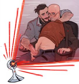 agent_p-3 atomic_heart bara beard blush chariton_zakharov clothing erection ershebetd gay handjob looking_at_viewer male male/male male_only male_pubic_hair masturbation muscular muscular_male penis pubic_hair yaoi