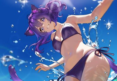 1girls animal_humanoid animal_tail beach bikini bra breasts cat_ears cat_girl cat_humanoid cat_tail catgirl cute_expression cute_female female female_focus kat_(kat_kingsvt) kat_kingsvt kemonomimi medium_breasts neko nekomimi oc original original_character panties purple_eyes purple_hair solo_female solo_focus summer water