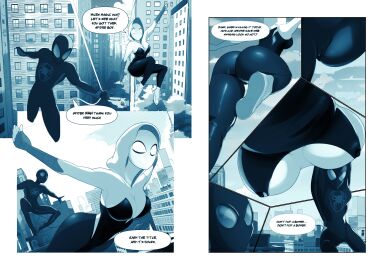 1boy 1girls ass big_ass big_breasts blonde_hair blowjob bodysuit bojerryart bondage breasts building cameltoe city clothed clothing cloud comic comic_page couple dark-skinned_male dark_skin female gwen_stacy gwen_stacy_(spider-verse) hood huge_ass interracial large_ass large_breasts male marvel marvel_comics mask masked masked_female miles_morales monochrome pussy ripped_clothing shoes sky sneakers spider-gwen spider-man spider-man:_across_the_spider-verse spider-man:_into_the_spider-verse spider-man_(series) superhero superhero_costume superheroine superheroinecomixxx tied_hair tied_up tight_clothing wet_pussy