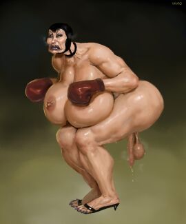 big_lips boxing_gloves fat_ass futanari heels huge_breasts lipstick milf muscular_female shiny_skin solo sweat vkorg