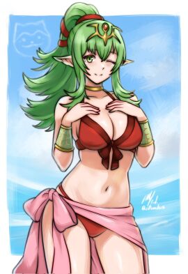 1girls beach bikini breasts cleavage collarbone female fire_emblem fire_emblem_awakening fire_emblem_heroes front-tie_bikini_top front-tie_top gold_choker green_eyes green_hair hair_ornament highres jewelry large_breasts long_hair looking_at_viewer navel nintendo official_alternate_costume one_eye_closed pink_sarong pointy_ears ponytail red_bikini ribbon rotomdocs sarong signature simple_background smile solo swimsuit tiara tiki_(fire_emblem) tiki_(fire_emblem)_(adult)