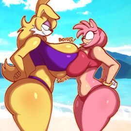 2girls amy_rose animal_ears anthro archie_comics ass asymmetrical_docking beach big_ass big_breasts big_butt big_thighs black_nose blonde_hair breast_press breasts breasts_on_breasts breasts_pressed_against_another bubble_ass bubble_butt bunnie_rabbot bunny bunny_ears bunny_girl competition curvy curvy_body curvy_figure derocrossh envy eyelashes eyeshadow female female_only from_side fur furry gigantic_breasts gloves green_eyes hands_on_hips hedgehog hips huge_boobs huge_breasts jealous large_breasts long_hair looking_at_another makeup mammal pink_body pink_fur pink_hair pink_skin pressing_breasts pressing_breasts_together rabbit rabbit_ears rabbit_girl sega short_hair sideboob sonic_(series) sonic_the_hedgehog_(archie) sonic_the_hedgehog_(comics) sonic_the_hedgehog_(series) staring summer swimsuit tail tall_female taller_female thick_ass thick_legs thick_thighs thighs two-tone_body two-tone_fur yellow_body yellow_fur yellow_skin
