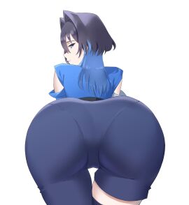 1girls 2025 alternate_version_available ass ass_focus back_view big_ass blue_eyes blue_hair dark_hair detached_sleeves facing_away female female_only fully_clothed hair_intakes hi_res high_resolution highres hololive hololive_english hololive_english_-council- hololive_english_-promise- huge_ass large_ass looking_at_viewer mahiruuu massive_ass medium_hair ouro_kronii ouro_kronii_(commander) pants shirt simple_background solo tagme thick_thighs two-tone_hair virtual_youtuber white_background