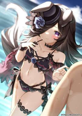 beach bikini black_hair breasts female hair_over_one_eye petite purple_eyes rice_shower_(umamusume) small_breasts umamusume