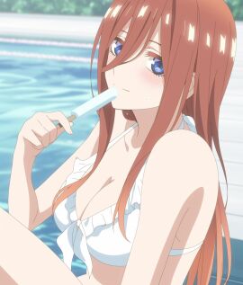 blue_eyes blush breasts brown_hair busty faithful_to_the_anime female go-toubun_no_hanayome nakano_miku pool poolside popsicle water white_swimsuit