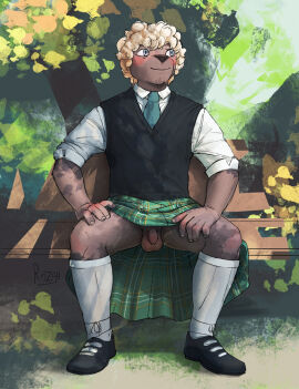 1boy anthro balls bench blush bottomwear bovid caprine clothed clothing digital_media_(artwork) flaccid footwear foreskin genitals hair hi_res humanoid_genitalia humanoid_penis kilt male male_only mammal necktie on_bench outside penis plant public public_exposure raised_bottomwear raised_clothing raised_skirt rozgi sheep shirt shoes sitting skirt smile socks solo spread_legs spreading tight_foreskin topwear tree uncircumcised upskirt