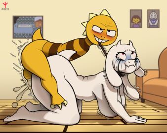 age_difference all_fours anthro armless asphyxiation ass avioylin balls balls_deep big_breasts blush bodily_fluids bovid breasts caprine crying cum cum_drip cum_in_ass cum_in_pussy cum_inside detailed_background dinosaur dripping duo female from_behind_position genital_fluids goat hi_res leash leash_pull makeup male male/female male_dominating_female male_on_top mammal mascara mascara_tears mature_anthro mature_female monster monster_kid motion_lines nipples nude on_the_floor on_top penetration pussy reptile scalie sex strangling tears thick_thighs toriel undertale undertale_(series) younger_anthro younger_male