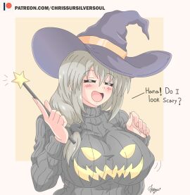 alternate_version_available big_breasts breasts breasts_bigger_than_head chrissursilversoul closed_eyes female halloween halloween_costume huge_breasts milf nipples_visible_through_clothing simple_background smile sweater uzaki-chan_wa_asobitai! uzaki_tsuki wand white_hair witch_hat