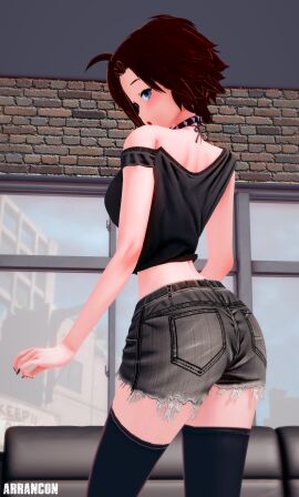 1girls 3d arrancon ass ass_focus black-haired_female black_hair clothed_female female looking_back pose posing red_highlights ruby_rose rwby silver_eyes spiked_collar