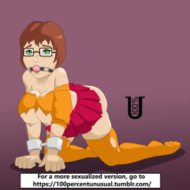 100percentunusual areolae ass ball_gag big_breasts bondage breasts brown_hair bubble_ass bubble_butt busty female gag glasses green_eyes hanging_breasts hanna-barbera hourglass_figure human human_only light-skinned_female light_skin nerd nerdy_female nipples on_all_fours ripped_clothing scooby-doo short_hair tagme torn_clothes velma_dinkley wide_hips