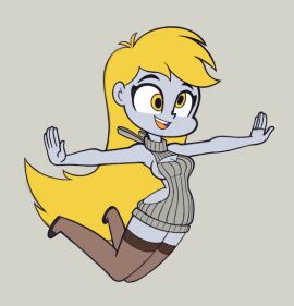 2010s 2017 anthro blonde_hair crosseyed derp_eyes derpy_hooves female grey_skin jumping khu my_little_pony my_little_pony_friendship_is_magic nip_slip pony simple_background sticking_out_tongue stockings virgin_killer_sweater yellow_eyes