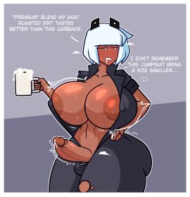 1futa 2021 20s areolae_slip balls bangs big_penis borrowed_character breast_expansion breast_growth breast_growth_(enlargement) breasts clothed clothing cum curvy dark-skinned_futa dark_skin dialogue drooling english_text erection futa_only futanari huge_breasts human intersex jumpsuit mostly_clothed original_character penis short_hair smooth_balls smooth_penis solo standing tan_body text thick_thighs thighs unaware white_hair zuoo0202