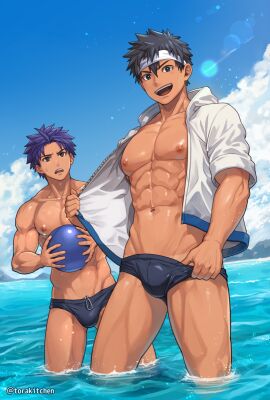 2boys abs beachball beefy biceps big_areola big_breasts big_bulge black_eyes black_hair blue_eyes blush_lines breasts bulge bulge_through_clothing cloud collar ebitendon gay hi_res holding_object hoodie laugh looking_at_another looking_at_viewer male male_only mature_male morning muscles muscular muscular_arms muscular_chest muscular_legs muscular_male muscular_thighs navel navy_blue_hair open_clothes open_mouth oppai original original_character pecs pulling_down_pants purple_hair seaside shallow_water short_hair six_pack sky standing standing_in_water sunlight sweat sweatdrop swim_briefs swimsuit tan tan_body tanline topless torakitchen torakitchen_(ebitendon) yaoi young zipper