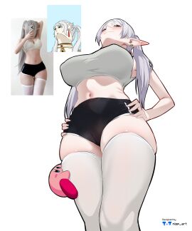 1girls breasts cameltoe dolphin_shorts elf elf_ears elf_female female female_focus frieren kirby kirby_(series) large_breasts light-skinned_female light_skin looking_at_viewer looking_down looking_over_breasts meme nisp_art sousou_no_frieren thick_thighs thighhighs thighs upward_angle_frieren_drawing_(meme) wide_hips