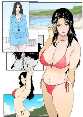 1girls arched_back arms_up big_breasts bikini black_hair breasts brown_eyes business_suit cleavage female light_skin milf navel nipples_visible_through_clothing one_eye_closed sideboob stretching swimsuit swimwear teacher thick_thighs wankore_001