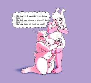 age_difference anonymous_artist anthro asriel_dreemurr big_breasts blush bodily_fluids boss_monster_(undertale) bovid breasts caprine clothing duo english_text erection femboy femboy_asriel futa_on_male futanari genital_fluids goat half-closed_eyes handjob incest incest_(lore) intersex intersex/male kneeling legwear male mammal mature_intersex mother_(lore) mother_and_child_(lore) mother_and_son_(lore) narrowed_eyes parent_(lore) parent_and_child_(lore) parent_and_son_(lore) penile penis precum reluctant sex slightly_chubby son_(lore) text thick_thighs thigh_highs toriel undertale undertale_(series)
