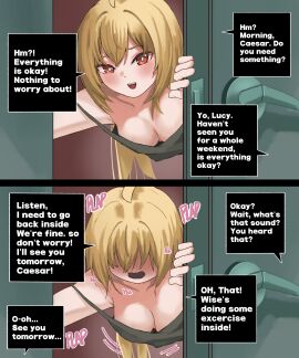 behind_door blonde_hair blush english_text female from_behind_position girlfriend luciana_de_montefio niwasa_izuna red_eyes short_female tagme text wise_(zenless_zone_zero) zenless_zone_zero