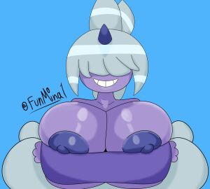 1girls 2024 2d 2d_(artwork) alternate_breast_size bangs bangs_over_eyes big_breasts blue_background boob_window breast_focus breasts breasts_bigger_than_head busty cloud covered_eyes dazzi_(pal) eyes_covered female female_only front_view funmina gigantic_breasts grin grinning hidden_eyes horn huge_areolae huge_breasts huge_nipples large_breasts massive_breasts nip_slip nipples no_bra pal_(species) palworld pocketpair ponytail pressing_breasts_together purple_areola purple_body purple_skin raijin_daughter simple_background smile smiling smiling_at_viewer solo teasing tight_clothing tight_fit tight_topwear topwear white_hair