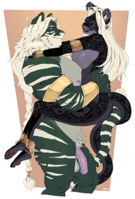 1boy 1girls anthro balls bedroom_eyes big_breasts black_body black_fur bracelet breasts carrying_another carrying_partner cheetah duo ear_piercing eye_contact eyelashes felid feline female flaccid foreskin fur genitals gold_(metal) gold_anklet gold_armlet gold_bracelet gold_jewelry green_body green_fur hair hi_res humanoid_genitalia humanoid_penis intimate jewelry larger_male lips long_hair looking_at_another male male/female mammal markings muscular muscular_anthro muscular_male narrowed_eyes nipples pantherine pawpads penis piercing purple_eyes roly seductive size_difference smaller_female smile spots spotted_body spotted_fur tiger uncircumcised white_hair