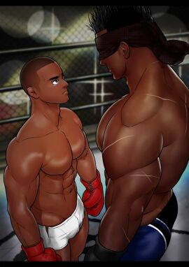 10s 2017 2boys bara boxing_gloves buzz_cut dark_skin eyes_covered kensuke_(yhs8) male male_only muscular nipples original tagme tear wrestling wrestling_ring yaoi