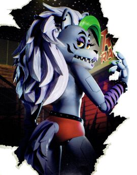 3d accurate_art_style animatronic arm_warmers back_view backboob breasts edit edited female female_only five_nights_at_freddy's five_nights_at_freddy's:_security_breach looking_at_viewer looking_back purple_lipstick red_panties roxanne_wolf_(fnaf) solo topless topless_female wolf