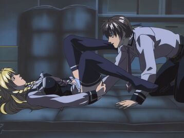 00s 1boy 1girls 2001 animated ass bible_black bible_black_night_of_the_walpulgiss black_thighhighs blonde_hair blush bowtie breasts drill_hair drill_sidelocks female green_eyes gym_mattress large_breasts legs_apart long_hair lying minase_taki necktie panties red_necktie school school_uniform shiraki_rika shirt short_hair sidelocks storage_room straight suspenders tagme thighhighs underwear wet wet_panties white_panties white_shirt