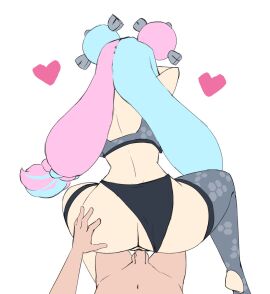 1boy 1girls ass ass_focus back doggy_style female from_behind gym_leader hand_on_another's_ass heart iono_(pokemon) light_blue_hair long_hair male male_pov multicolored_hair panties_aside pink_hair pokemon pokemon_sv pov sex sex_from_behind simple_background single_thighhigh sketch spookoarts straight twintails white_background
