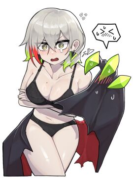 arms_under_breasts astellar_diabellstar_(sinful_spoils) bare_shoulders black_bra black_panties blush bra breasts card_game cleavage collarbone diabellstar_the_black_witch dillo_(smootharmadillo) duel_monster earrings embarrassed female gradient_hair grey_eyes grey_hair highres jewelry large_breasts looking_at_viewer mole mole_on_breast multicolored_hair navel open_mouth panties short_hair simple_background sinful_spoils_(yu-gi-oh!) smootharmadillo solo speech_bubble stomach thighs underwear white_background yu-gi-oh!