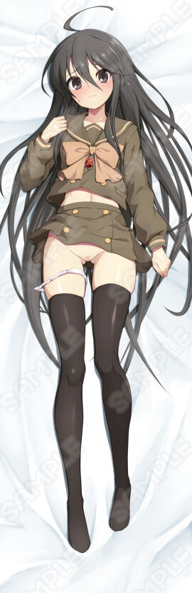1girls amulet ass_visible_through_thighs bed_sheet black_hair black_thighhighs bow brown_eyes brown_serafuku censored collarbone dakimakura_(medium) embarrassed female fingernails flat_chest groin highres human jewelry legwear long_hair lying midriff_peek navel necklace ocza panties panties_down panty_pull pussy sample_watermark school_uniform schoolgirl serafuku shakugan_no_shana shana skirt slender_legs solo thighhighs thighs underwear very_long_hair watermark white_panties