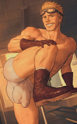 1boy 2024 abs accessory armpit_hair ass balls balls_in_underwear balls_outline bara beard beard_stubble biceps big_bulge blonde_hair blue_eyes body_hair boots boxers boxers_only brown_boots brown_gloves bulge chest_hair cid_highwind dreampipe facial_hair final_fantasy final_fantasy_vii flaccid flaccid_penis gay gloves hairy hairy_armpits hairy_arms hairy_chest hairy_legs hairy_male hairy_thighs hand_on_knee hanging_balls hanging_bulge hanging_penis happy_trail hi_res high_resolution highres human human_only indoors invitation inviting_to_sex light-skinned_male light_skin looking_at_viewer male male_focus male_only muscles muscular muscular_male nipples on_table pecs pectorals penis penis_in_underwear penis_outline presenting presenting_ass presenting_butt smile smiling smiling_at_viewer solo solo_focus solo_male teeth teeth_showing underwear underwear_only white_boxers white_underwear yaoi