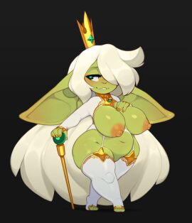 armwear breasts casual crown female footwear goblin goblin_female green_skin handwear handwear_and_footwear_only huffslove huge_breasts legwear nipples original original_character pussy regina_(huffslove) shortstack tagme white_hair