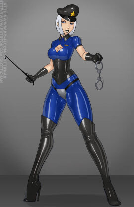 1girls black_boots black_corset blue_bodysuit blue_eyes bodysuit boots breasts corset dominatrix female gloves handcuffs hat high_heel_boots high_heels holding_handcuffs holding_riding_crop latex latex_bodysuit latex_gloves lexikimble lipstick looking_at_viewer makeup medium_breasts original riding_crop short_hair thigh_boots thighhigh_boots white_hair