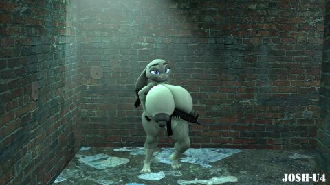 ass big_breasts black_nipples breasts bunny_ears bunny_girl female holding_weapon josh-u4 judy_hopps looking_at_viewer mp5 naked nude puffy_nipples thick_ass thick_thighs zootopia