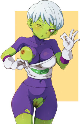 1girls animanghayodraw breasts cheelai dragon_ball dragon_ball_super female female_focus green_skin nipples one_eye_closed pussy torn_clothes white_hair