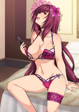 1girls bare_shoulders big_breasts bikini breasts cleavage fate/grand_order fate_(series) female female_only flower hair_flower hair_ornament haruhisky highres indoors large_breasts leotard light-skinned_female long_hair looking_at_viewer official_alternate_costume on_bed pink_bikini purple_hair red_eyes scathach_(fate) scathach_(swimsuit_assassin)_(fate) sitting solo swimsuit