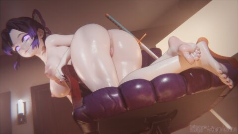 1girls 2025 3d 3d_(artwork) aequd aequdsama ass ass_focus barefoot black_hair black_highlights breasts butterfly_hair_ornament completely_nude demon_slayer feet female female_only full_body katana kimetsu_no_yaiba kochou_shinobu leaning_on_object long_nails looking_at_viewer naked naked_female nude nude_female purple_nails pussy sofa solo solo_female sword white_skin white_skinned_female