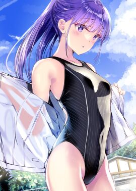 1girls black_one-piece_swimsuit black_swimsuit breasts clouds eyelashes female fence highleg highleg_swimsuit kobayashi_chisato one-piece_swimsuit open_shirt original outdoors outside ponytail purple_eyes purple_hair shirt sky small_breasts swimsuit undressing wet wet_shirt white_shirt