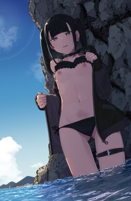 ass_visible_through_thighs bandaid beach bikini bikini_top_lift black_bikini black_choker black_hair black_jacket blush breasts bruise bruised bruised_stomach choker clothes_lift collar ear_piercing earrings female highres jacket jewelry jirai_kei kuaru_(okamokomon) long_hair looking_at_viewer masturbation navel nipples open_clothes open_jacket open_mouth original outdoors piercing purple_eyes remote_control_vibrator sex_toy side-tie_bikini_bottom sidelocks sky small_breasts solo stomach swimsuit thigh_strap two_side_up unzipped_jacket vibrator vibrator_in_thigh_strap vibrator_under_clothes wading zipper