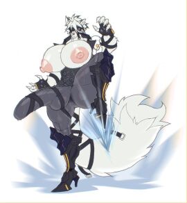 anthro areola big_areola big_bulge big_muscles big_pecs bulge canid canine canis clothed clothing fur genitals hair harness huge_bulge huge_muscles huge_pecs hyper hyper_muscles hyper_pecs lunion19 male mammal mihoyo muscles muscular muscular_male nipples on_one_leg pecs puffy_nipples red_eyes robotic_legs solo standing tail tight_clothing von_lycaon white_body white_fur wolf zenless_zone_zero