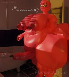 3d artist_name bobette_(dandy's_world) breasts chubby chubby_belly chubby_futa dandy's_world english english_text futa_only futanari heart huge_breasts huge_cock intersex looking_at_viewer object_head ornament penis red_skin solo solo_futa text thick_thighs ukederoofficial urethral_plug