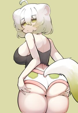 1girls ahoge ass ass_focus ass_grab back_view big_breasts black_camisole breasts camisole cleavage clothed clothing female female_focus female_only ferret ferret_girl green_eyes green_highlights hips indie_virtual_youtuber laimu large_breasts looking_at_viewer looking_back panties sae_art short_hair shorts simple_background solo tail thick_ass thick_thighs tired underwear virtual_youtuber vtuber white_hair wide_hips