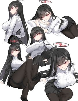 1girls absurdres black_hair black_jacket black_pantyhose black_skirt blue_archive breasts closed_mouth feet female hair_ornament hairclip halo highres jacket large_breasts long_hair long_sleeves looking_at_viewer lying multiple_views open_clothes open_jacket pantyhose parted_lips pillow pleated_skirt red_eyes rio_(blue_archive) shigure_s simple_background skirt smile soles sweater sweater_tucked_in thighband_pantyhose thighs turtleneck turtleneck_sweater white_background white_sweater
