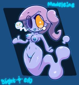 1girls :p artist_name blightstar breasts character_name eye_socket female ghost ghost_girl ghost_tail madeleine_(blightstar) medium_breasts missing_eye mitten_hands oc orange_sclera original original_character purple_body pussy redesign side_ponytail solo solo_female thighs tongue tongue_out unusual_anatomy unusual_eyes vagina white_pupils worm