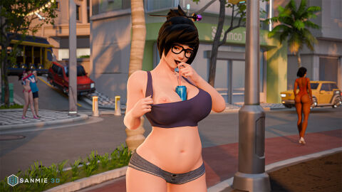 3d big_breasts breasts d.va eyewear female flashing flashing_breasts glasses mei_(overwatch) overwatch overwatch_2 pharah public sanmie3d tagme